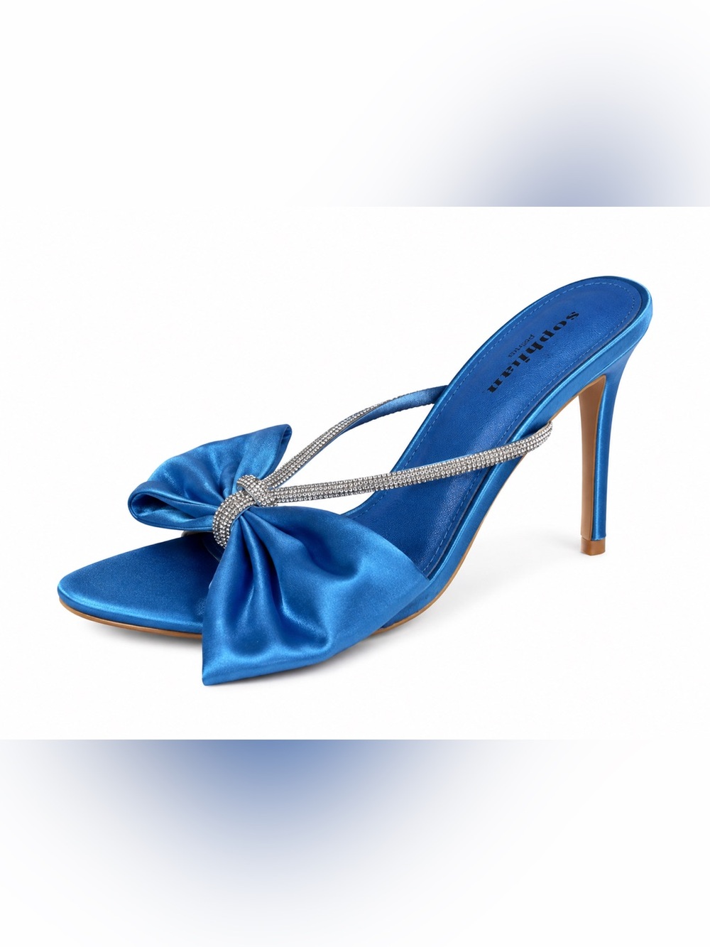 Blue Satin Heels with Bow and Rhinestones
